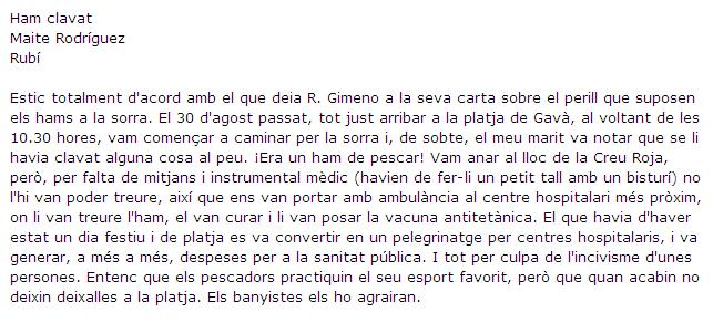 Carta publicada al diari "El Peri&oacute;dico" queixant-se de l'incivisme a la platja de Gav&agrave; Mar (31 d'Octubre de 2008)
